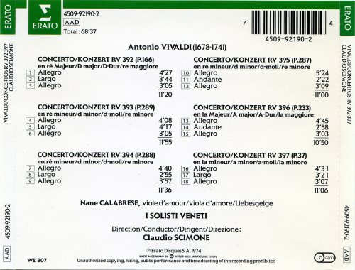 Nane Calabrese, I Solisti Veneti, Claudio Scimone - Vivaldi: Concertos for Viola d`amore RV 392-397 (1993) CD-Rip