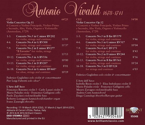L'Arte dell'Arco, Pier Luigi Fabretti, Federico Guglielmo - Vivaldi: Violin Concertos, Op. 11 & 12 (2016)