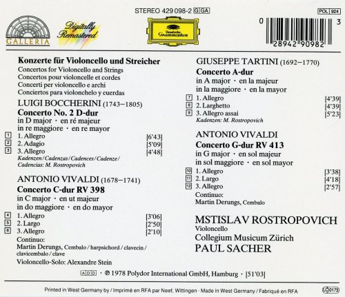 Rostropovich, Collegium Musicum Zurich, Paul Sacher - Vivaldi, Tartini, Boccherini: Cello Concertos (1989)