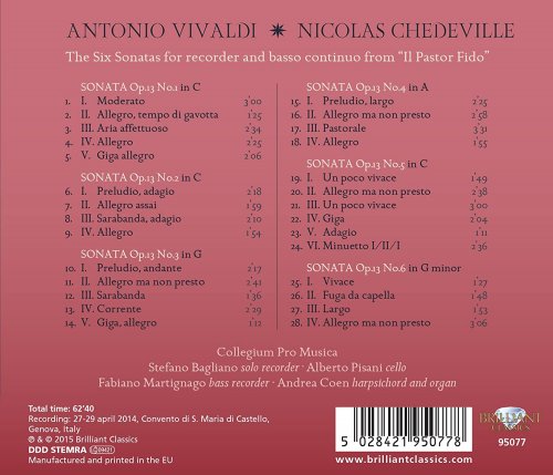Stefano Bagliano & Collegium Pro Musica - Vivaldi & Chedeville: Complete Recorder Sonatas from "Il Pastor Fido" (2015)
