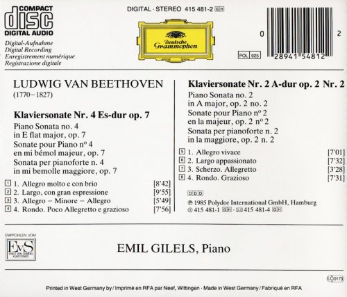 Emil Gilels - Beethoven: Piano Sonatas Nos. 4 & 2 (1985) CD-Rip