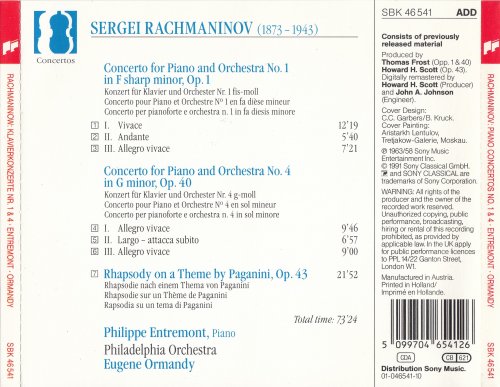 Philippe Entremont, Philadelphia Orchestra, Eugene Ormandy - Rachmaninov: Piano Concertos 1, 4, Rhapsody on a Theme (1991)