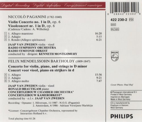 Jaap van Zweden, Ronald Brautigam - Paganini: Violin Concerto No. 1 / Mendelssohn: Concerto for Violin, Piano & Strings (1988) CD-Rip