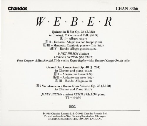 Janet Hilton, Lindsay String Quartet, Keith Swallow - Weber: Clarinet Quintet, Grand Duo Concertant, Silvana Variations (1985) CD-Rip