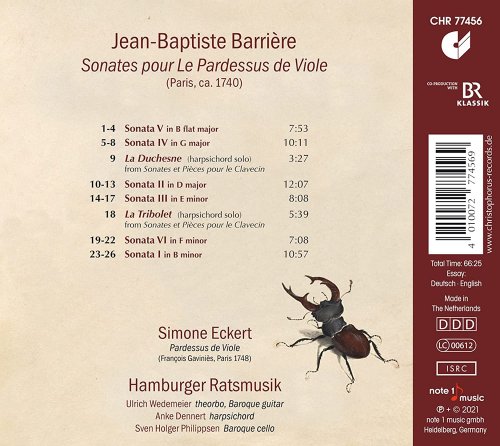 Hamburger Ratsmusik, Simone Eckert - Barrière: Sonatas for Pardessus de viole (2021)