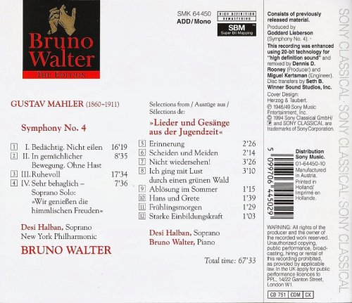 New York Philharmonic, Bruno Walter - Mahler: Symphony No.4, Lieder und Gesänge aus der Jugendzeit (1994) CD-Rip
