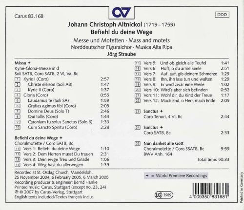 Norddeutscher Figuralchor, Musica Alta Ripa, Jörg Straube - Altnickol: Mass and Motets (2007) CD-Rip