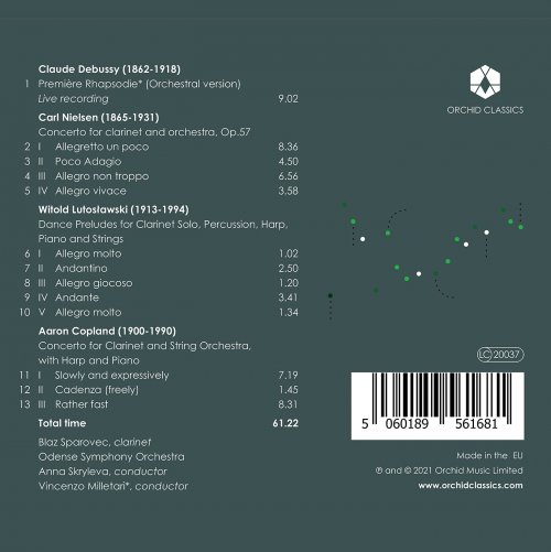 Blaž Šparovec, Odense Symphony Orchestra & Anna Skryleva - Debussy, Nielsen, Lutosławski & Copland: Clarinet Works (2021) [Hi-Res]