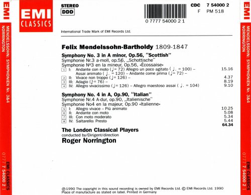 The London Classical Players, Roger Norrington - Mendelssohn - Symphonies 3 & 4 (1990)