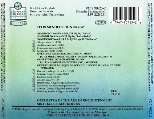 Orchestra of the Age of Enlightenment, Charles Mackerras - Mendelssohn: Symphony No. 4 'Italian' & A Midsummer Night's Dream / Ein Sommernachtstraum (1988)