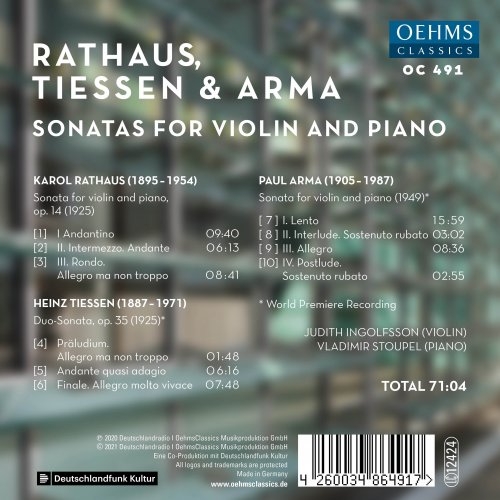 Judith Ingolfsson & Vladimir Stoupel - Rathaus, Tiessen & Arma: Sonatas for Violin & Piano (2021) [Hi-Res]