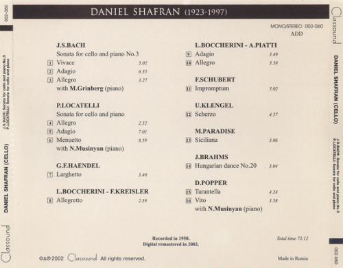 Daniel Shafran - J.S. Bach, Locatelli, Haendel, Boccherini, Schubert, Popper: Daniel Shafran, cello (2002)