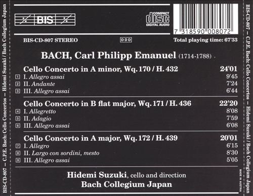 Hidemi Suzuki, Bach Collegium Japan - C.P.E. Bach: The Three Cello Concertos (1997)