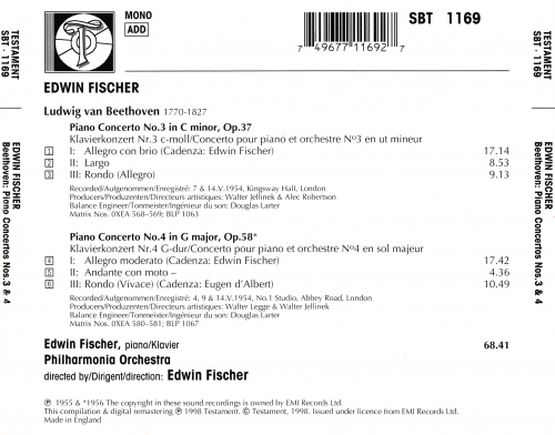 Edwin Fischer, Philharmonia Orchestra - Beethoven: Piano Concertos No. 3 in C minor, Op. 37 & No. 4 in G major, Op. 58 (1998)