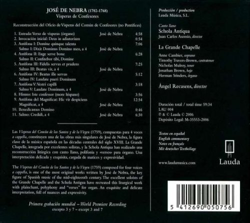 La Grande Chapelle, Schola Antiqua, Angel Recasens - José de Nebra: Víspera de Confesores (2006)