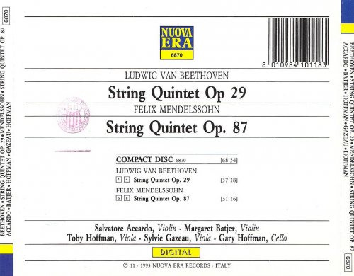 Margaret Batjer, Toby Hoffman, Sylvie Gazeau, Gary Hoffman - Beethoven - String Quintet Op. 29/ Mendelsshon - String Quintet Op. 87 (1989)