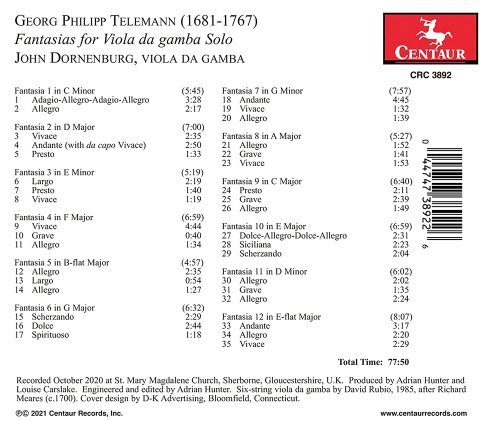 John Dornenburg - Telemann: Fantasias for Viola da gamba Solo (2021) [Hi-Res]