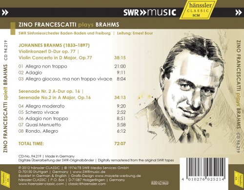 Zino Francescatti, SWR Sinfonieorchester Baden-Baden und Freiburg, Ernest Bour - Brahms: Violin Concerto in D Major & Serenade No. 2 in A Major (2012)