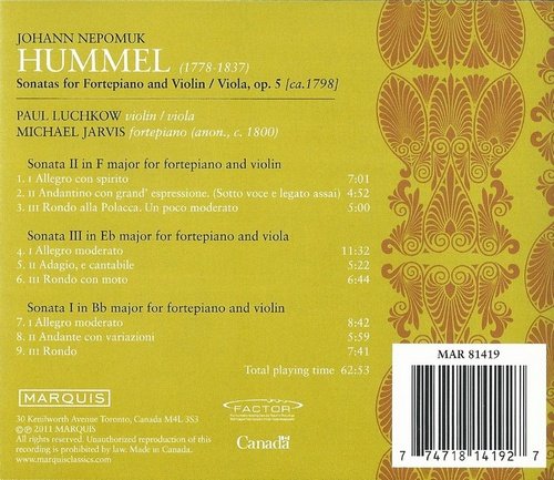 Paul Luchkow, Michael Jarvis - Hummel: Violin & Viola Sonatas, Op. 5 (2011) CD-Rip