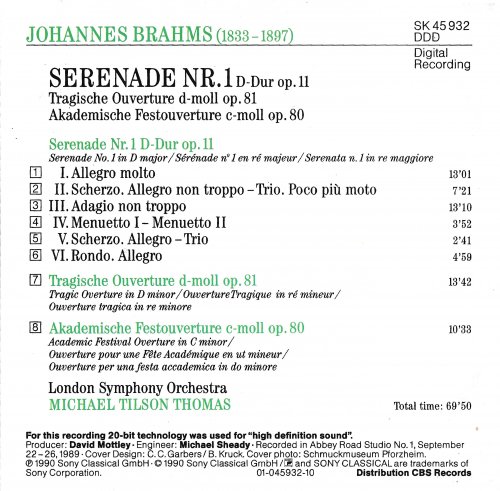 Michael Tilson Thomas - Brahms: Serenade No. 1 / Tragic, & Academic Festival Overtures (1990)