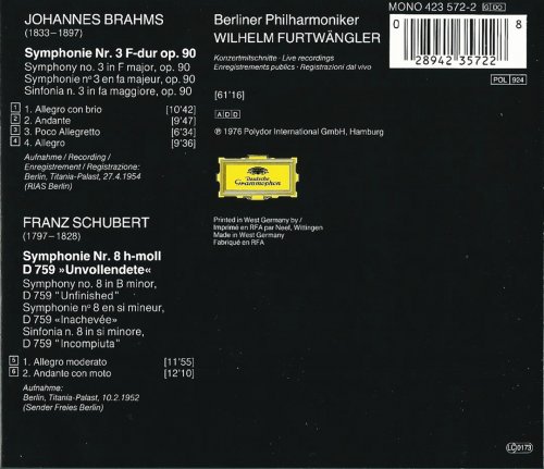 Berliner Philharmoniker, Wilhelm Furtwangler - Brahms: Symphony No. 3 / Schubert: Symphony No. 8  (1989)