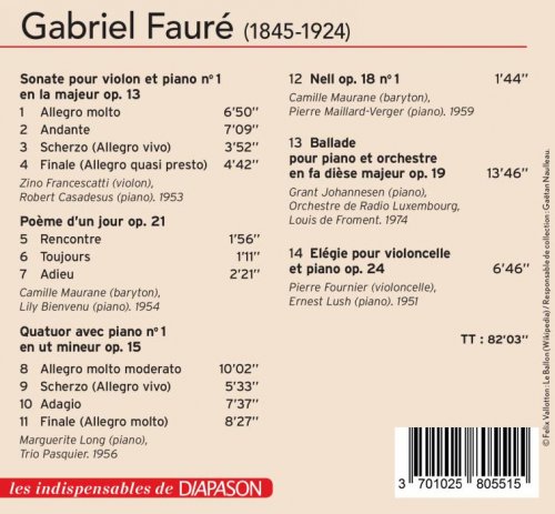 Robert Casadesus, Zino Francescatti, Camille Maurane - Fauré: Sonate pour violon No.1, Quatuor avec piano No.1 (2018)