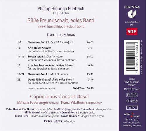 Miriam Feuersinger, Franz Vitzthum, Capricornus Consort Basel, Peter Barczi - Erlebach: Süße Freundschaft, edles Band (2013)