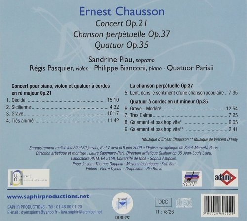 Sandrine Piau, Régis Pasquier, Philippe Bianconi, Quatuor Parisii - Concert Op.21, Chanson Perpétuelle Op.37, Quatuor Op.35 (2010) [Hi-Res]