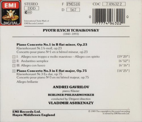 Andrei Gavrilov, Berliner Philharmoniker, Vladimir Ashkenazy - Tchaikovsky: Piano Concertos Nos. 1 & 3 (1989) CD-Rip