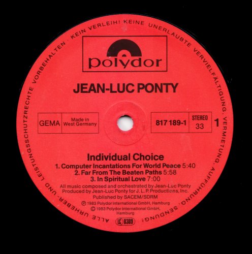 Jean-Luc Ponty - Individual Choice (1983) LP