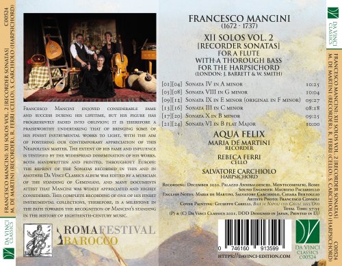 Maria De Martini, Salvatore Carchiolo, Rebeca Ferri, AQUA FELIX - Francesco Mancini: XII Solos Vol. 2 (Recorder Sonatas) for a Flute with a Thorough Bass for the Harpsicord (London: J. Barrett & W. Smith) (2022)