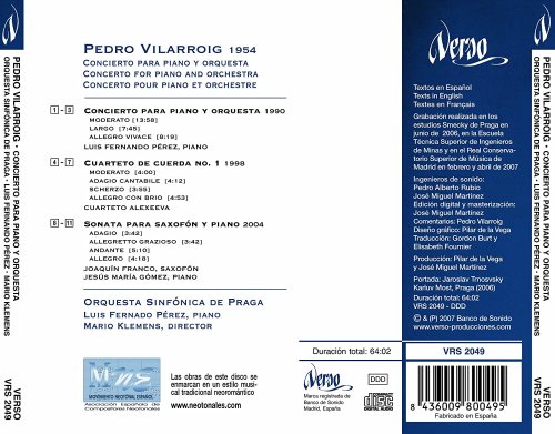 Prague Symphony Orchestra, Luis Fernando Pérez, Mario Klemens, Alexeeva Quartet - Pedro Vilarroig: Concierto para piano y orquesta (2007)