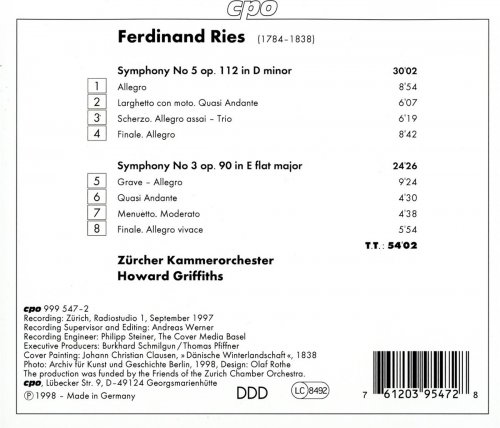 Zürcher Kammerorchester, Howard Griffiths - Ferdinand Ries: Symphonies Nos. 3 & 5 (1997)