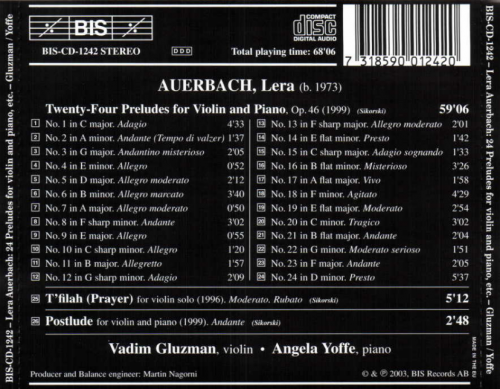 Vadim Gluzman, Angela Yoffe - Lera Auerbach: 24 Preludes for Violin & Piano, T'filah, Postlude (2003) CD-Rip
