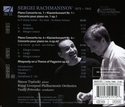 Simon Trpčeski, Royal Liverpool Philharmonic, Vasily Petrenko - Rachmaninoff: Piano Concertos 1 & 4 - Rhapsody on a Theme of Paganini (2011)