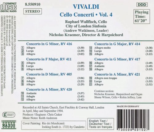 Raphael Wallfisch, Nicholas Kraemer - Vivaldi: Cello Concerti, Vol. 4 (1995) CD-Rip