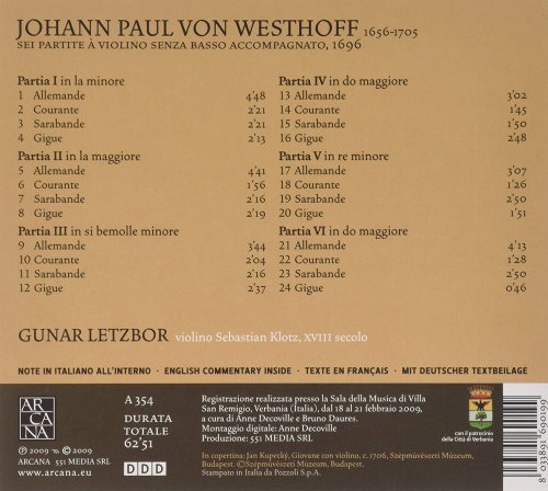 Gunar Letzbor - Westhoff: Sei partite à violino senza basso accompagnato, 1696 (2017)