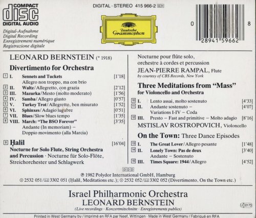 Israel Philharmonic Orchestra, Jean-Pierre Rampal, Mstislav Rostropovich, Leonard Bernstein - Bernstein: Divertimento, Halil, 'On the Town', Three Meditations from 'Mass' (1982)