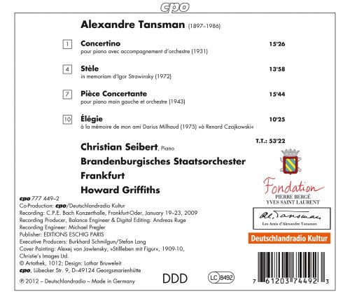 Christian Seibert, Brandenburgisches Staatsorchester Frankfurt, Howard Griffiths - Tansman: Piano Concertino - Stele in memoriam Igor Stravinsky - Piano Concerto for the Left Hand (2012)