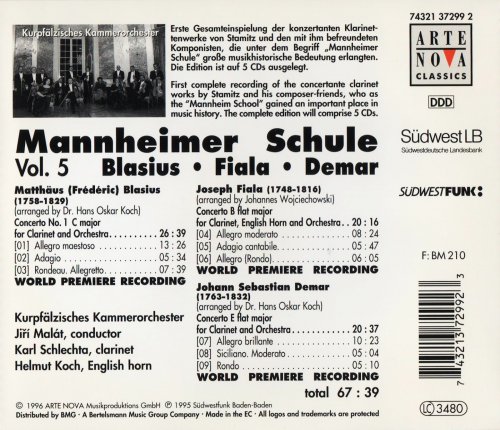 Karl Schlechta, Jiří Malát - Mannheimer Schule, Vol. 5 - Blasius, Fiala, Demar: Clarinet Concertos (1996) CD-Rip