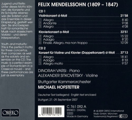 Stuttgarter Kammerorchester, Michael Hofstetter, Alexander Sitkovetsky, Dinorah Varsi - Mendelssohn: Early Concertos for Violin and Piano (2016)