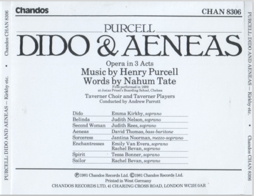 Emma Kirkby, Judith Nelson, David Thomas, Taverner Choir, Taverner Players, Andrew Parrott - Purcell: Dido & Aeneas (1992)