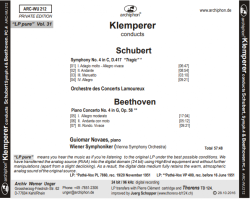 Guiomar Novaes, Wiener Symphoniker, Orchestre des Concerts Lamoureux, Otto Klemperer - Klemperer Conducts Schubert & Beethoven ("LP pure" Vol. 31) (2017) [Hi-Res]