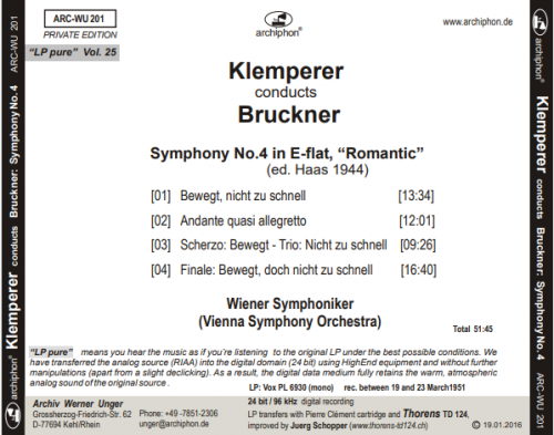 Wiener Symphoniker, Otto Klemperer - Klemperer Conducts Bruckner ("LP pure" Vol. 25) (2016) [Hi-Res]
