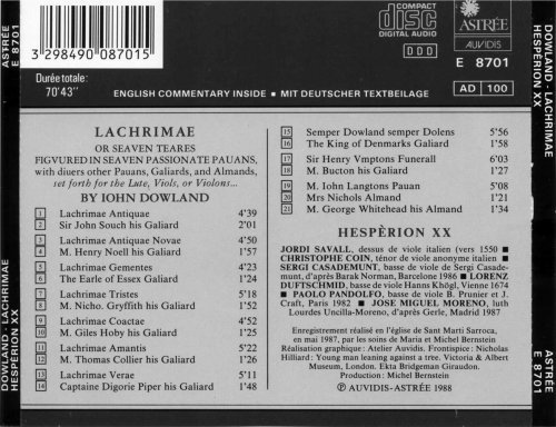 Jordi Savall, Hesperion XX - Dowland: Lachrimae or Seaven Teares (1988)