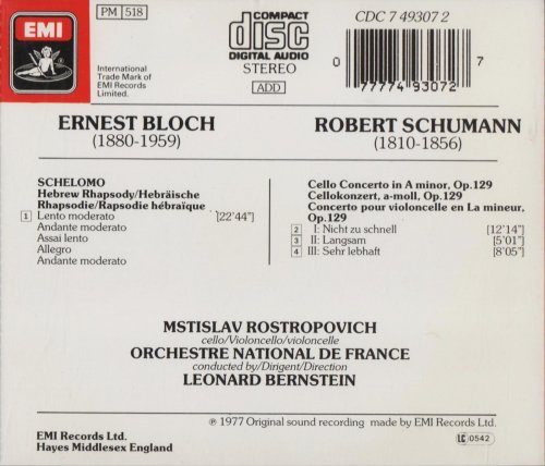 Mstislav Rostropvich, Orchestre National de France, Leonard Bernstein - Schumann: Cello Concerto / Bloch: Schelomo (1977) CD-Rip