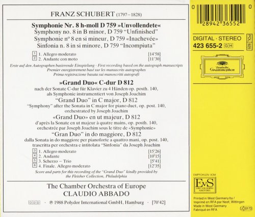 The Chamber Orchestra of Europe, Claudio Abbado - Schubert: Symphony No. 8 "Unfinished", Grand Duo (1988) CD-Rip