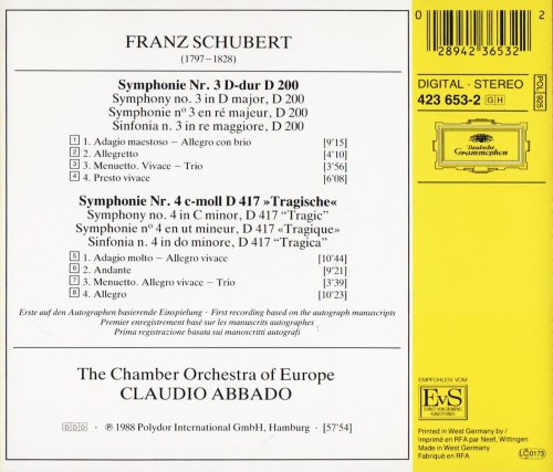 The Chamber Orchestra of Europe, Claudio Abbado - Schubert: Symphonies Nos. 3 & 4 "Tragic" (1988) CD-Rip