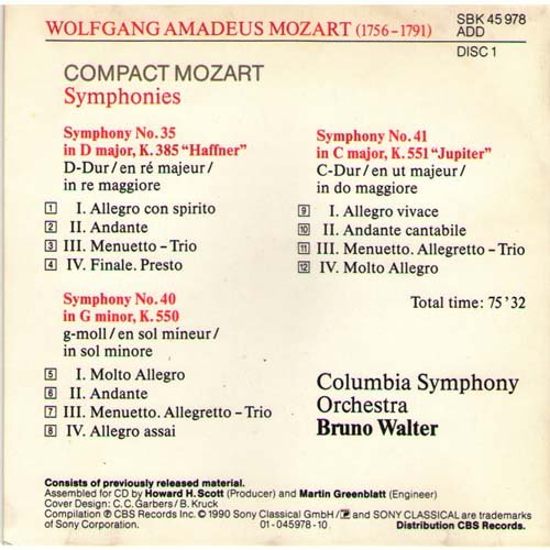 Columbia Symphony Orchestra, Bruno Walter - Mozart: Symphonies No.35 "Haffner", No.40, No.41 "Jupiter" (1990)