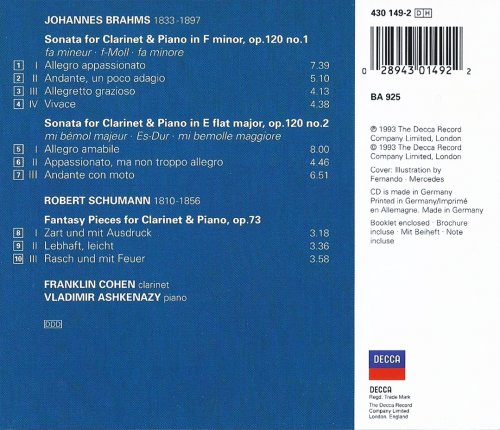 Franklin Cohen, Vladimir Ashkenazy - Brahms: Clarinet Sonatas Nos.1 & 2 / Schumann: Fantasiestücke (1993) CD-Rip